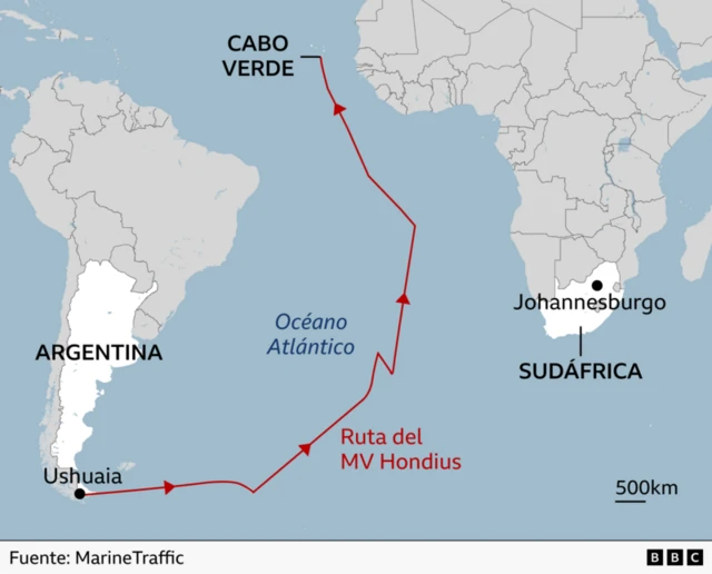 Mapa del trayecto del crucero de Argentina a Cabo Verde.