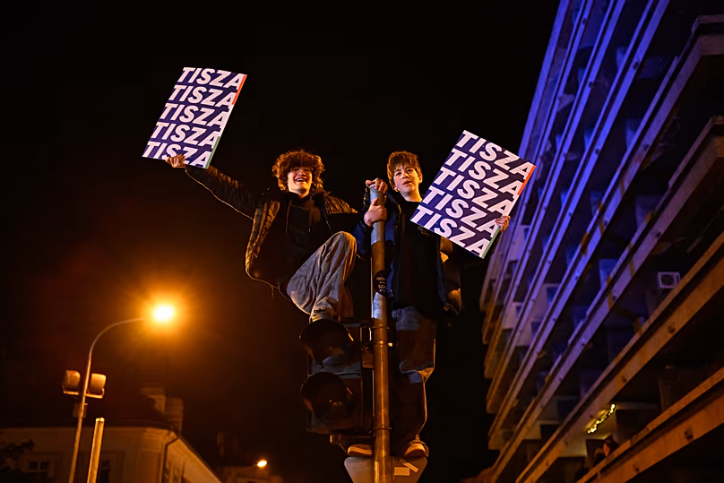 Youngsters celebrate after the general election in Budapest, 13 April, 2026