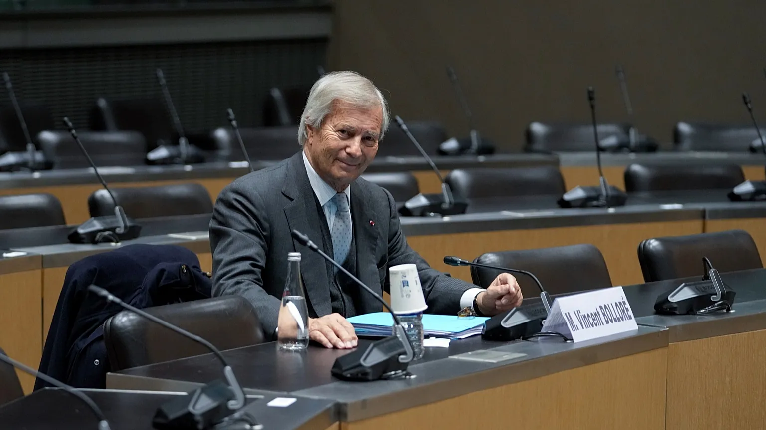 Vincent Bolloré poses before a hearing of a parliamentary inquiry commission at the National Assembly, in Paris. (AP Photo/Thibault Camus)
