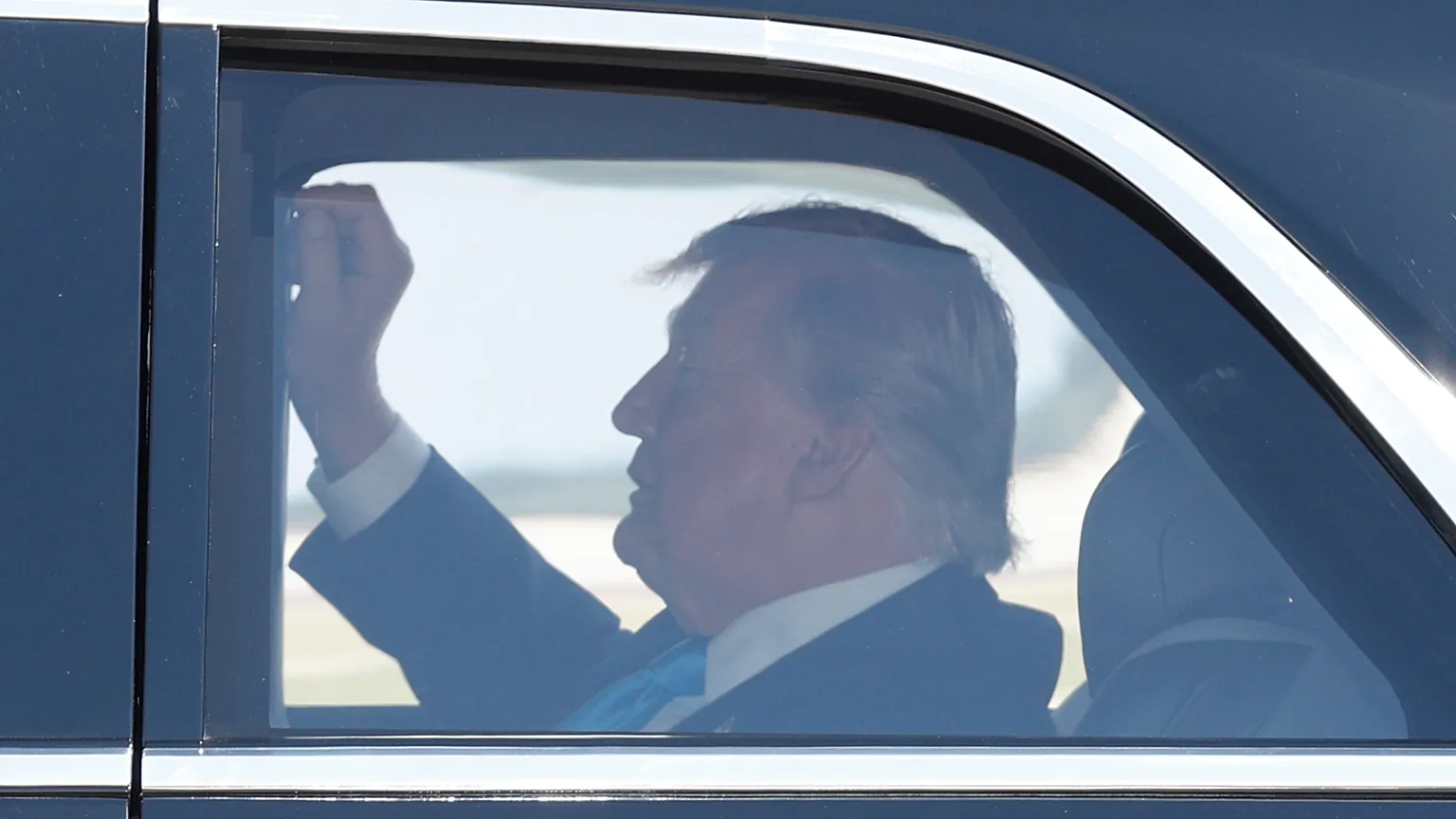 President Donald Trump in his limousine at Andrews Air Force Base, 20 May 2026