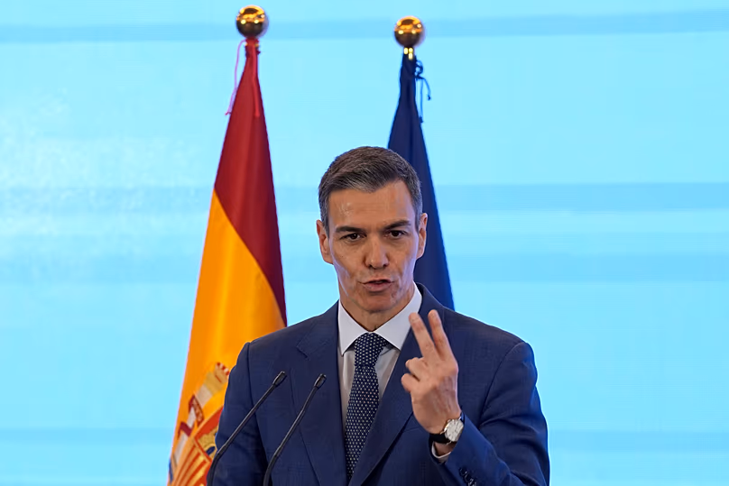 Spain's Prime Minister Pedro Sánchez gestures as he speaks during a press conference in Beijing, 14 April, 2026
