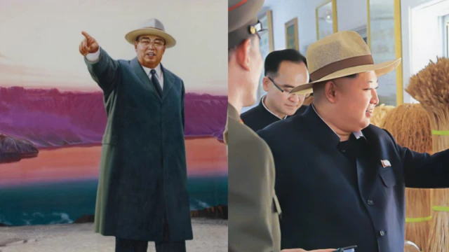 Composición que muestra un retrato del fallecido Kim Il Sung con un sombrero y al lado su nieto, Kim Jong Un con un sombrero parecido.