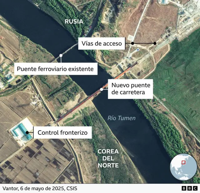 Mapa del puente entre Rusia y Corea del Norte.