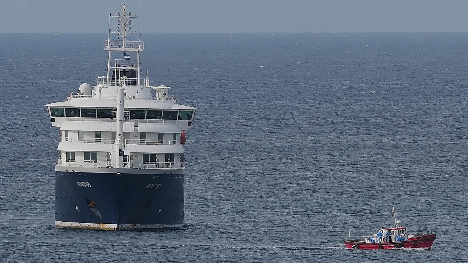 The MV Hondius cruise ship is anchored at a port in Praia, 6 May, 2026