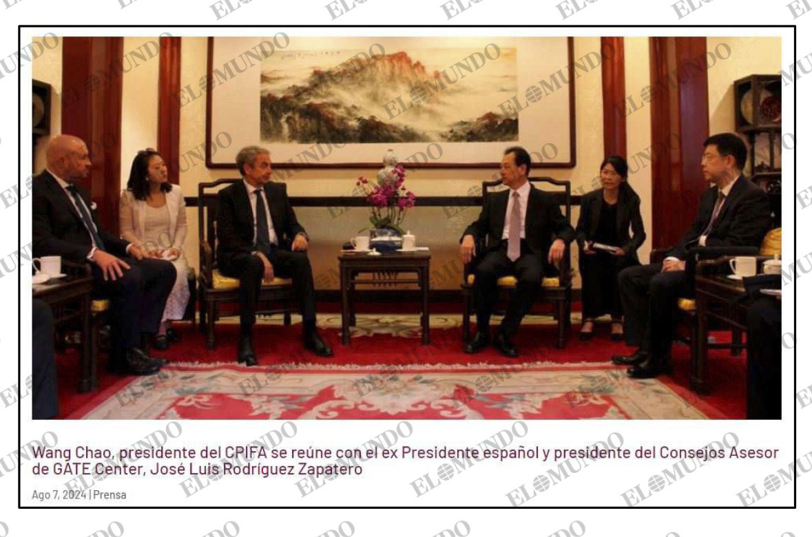 Reunión en Pekín, en 2024, de Rodríguez Zapatero con Wang Chao, presidente del Instituto Popular Chino de Asuntos Exteriores.