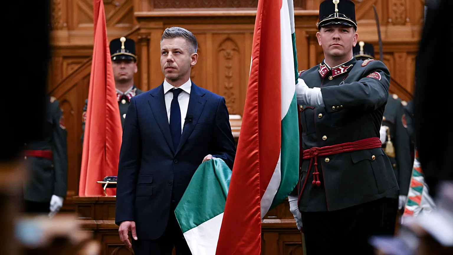 Prime Minister Péter Magyar takes the oath of office during the inaugural session of the new Parliament at the Parliament House on 9 May 2026.