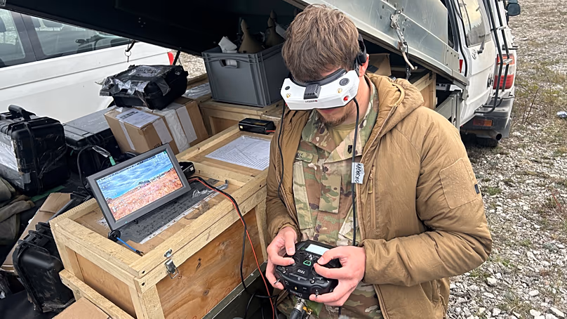 A Ukrainian drone pilot flies a FPV drone during a military exercises in Gotland, Sweden, Sunday, May 10, 2026. 