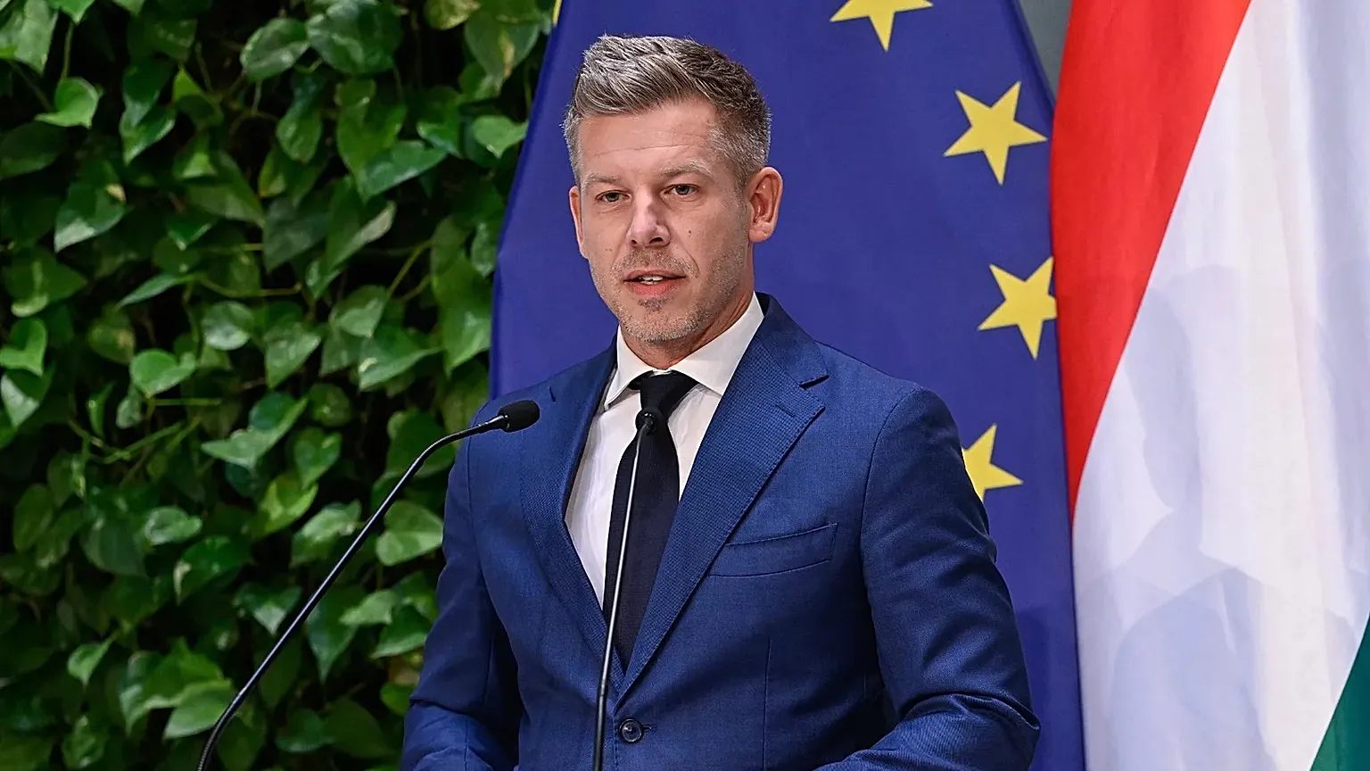 Hungarian Prime Minister Peter Magyar speaks during a press conference following the meeting of the government in Budapest, Hungary, Monday, May 18, 2026. (Robert Hegedus/MTI 