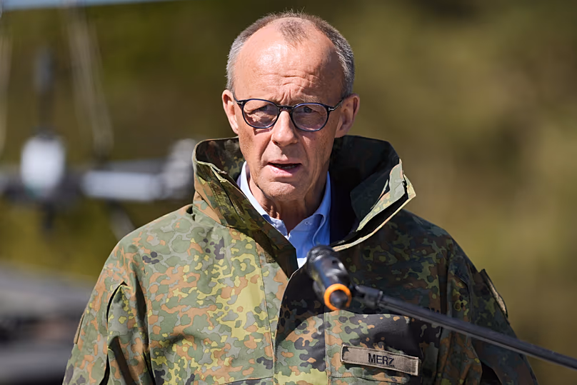German Chancellor Friedrich Merz gives a statement during his visit to the army at the Bundeswehr training area in Munster, 30 April, 2026