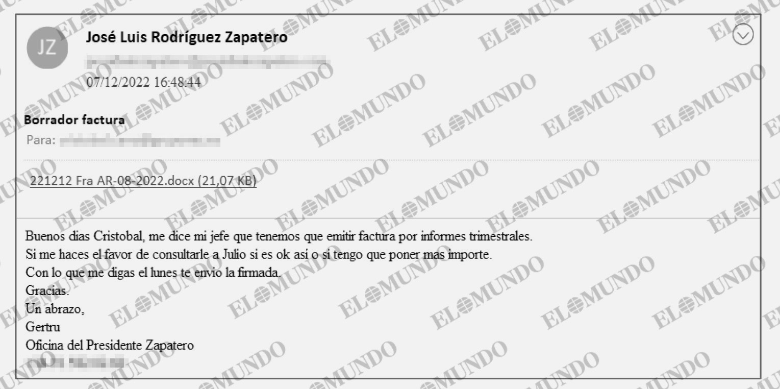 Correos intercambiados entre la secretaria de Zapatero y el gestor del entorno societario que controla Julio Martínez.