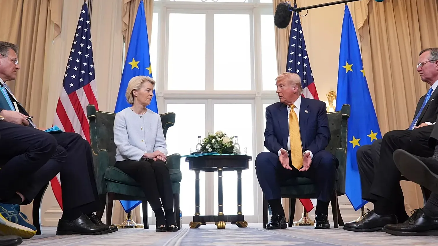 President Donald Trump meets European Commission President Ursula von der Leyen at the Trump Turnberry golf course in Turnberry, Scotland Sunday, July 27, 2025.