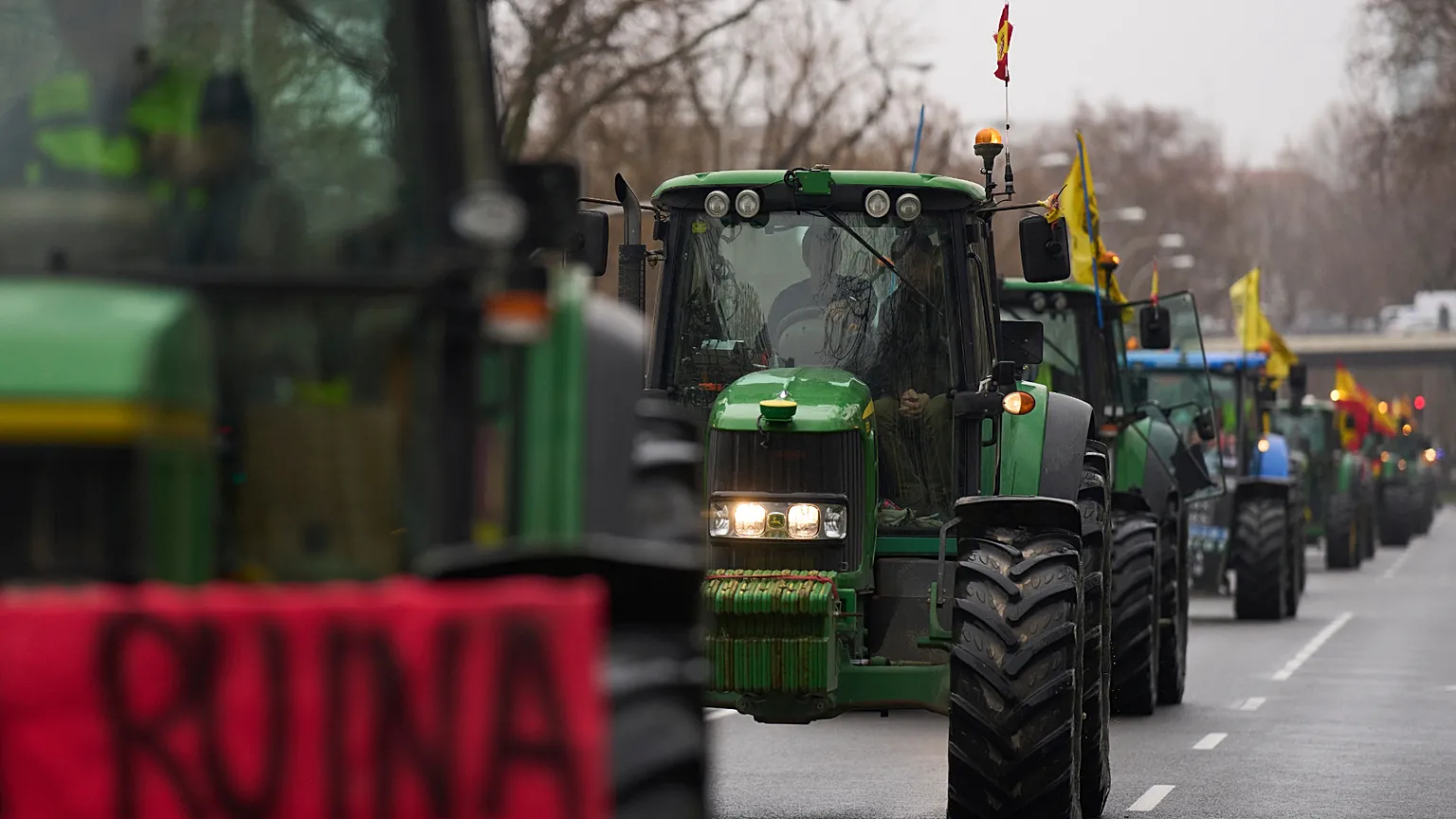Farmers gather during a protest in Madrid, Spain, Feb. 11, 2026, to protest a proposed trade agreement between the European Union and Mercosur countries.