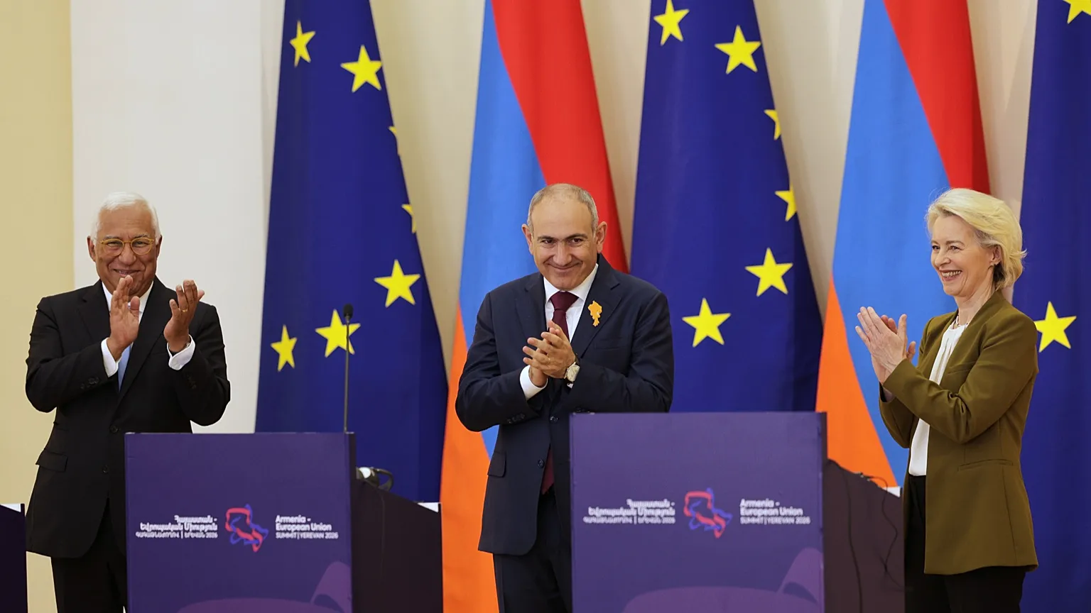 European Council President Antonio Costa, Armenia's Prime Minister Nikol Pashinyan and European Commission President Ursula von der Leyen (AP Photo/Anthony Pizzoferrato)