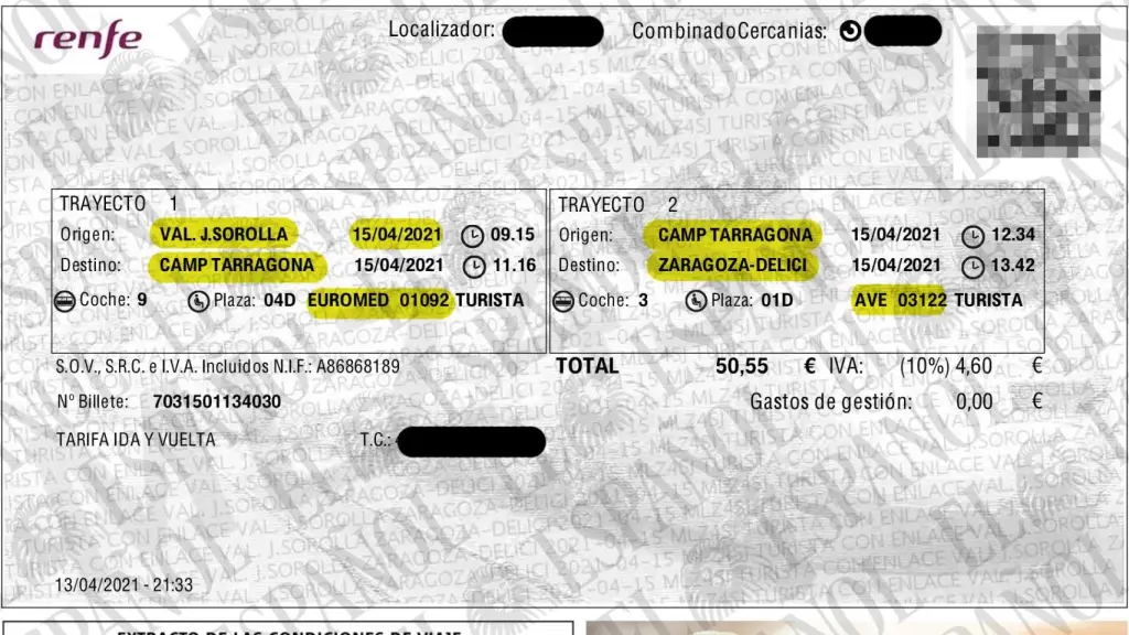 Billete de ida entre Valencia y Zaragoza.