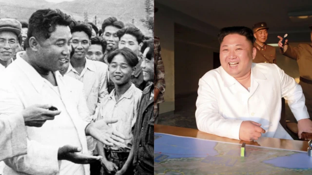 Una imagen compuesta muestra una fotografía en blanco y negro del fallecido Kim Il Sung, vestido completamente de blanco, junto a una fotografía en color de Kim Jong Un, con un atuendo similar, sonriendo mientras está sentado a una mesa, con un hombre con uniforme militar detrás de él.
