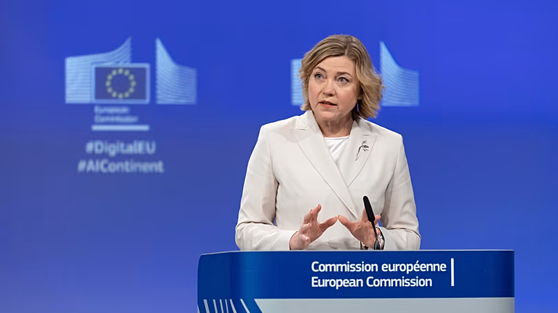 Henna Virkkunen, European Commissioner for Tech-Sovereignty, Security and Democracy gives a press conference. (AP Photo/Omar Havana, File)