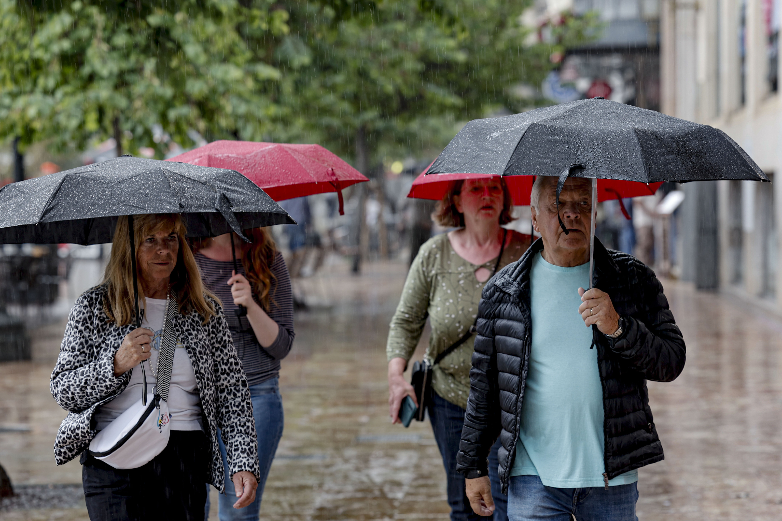 Varios paseantes protegiéndose de la lluvia ayer en Valencia