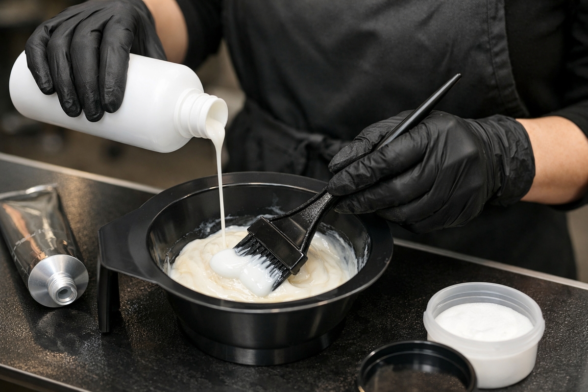 Manos con guantes negros vierten líquido de botella blanca en cuenco negro, mezclando crema con brocha. Un tubo de tinte plateado y otro recipiente al lado.