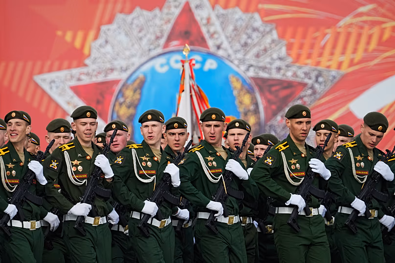 Troops march during a rehearsal for the Victory Day military parade in St. Petersburg, 5 May, 2026