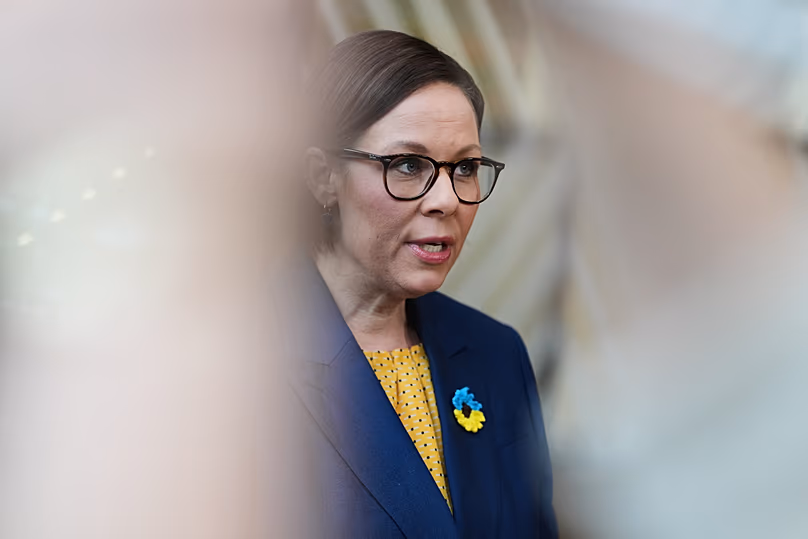 Sweden's Foreign Minister Maria Malmer Stenergard speaks with the media at the European Council building in Brussels, 23 February, 2026