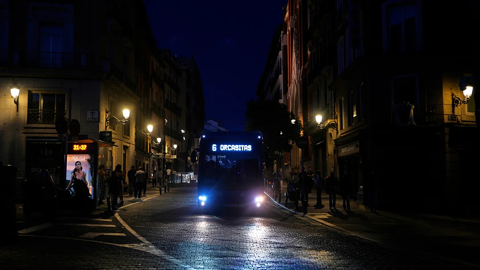 A bus drives through the centre of Madrid during a major power failure on Monday 28 April 2025.