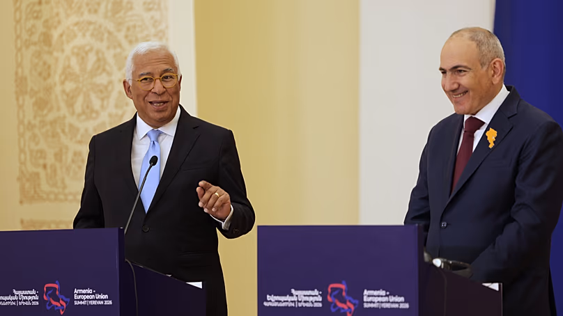 European Council President Antonio Costa, left, and Armenia's Prime Minister Nikol Pashinyan (AP Photo/Anthony Pizzoferrato)