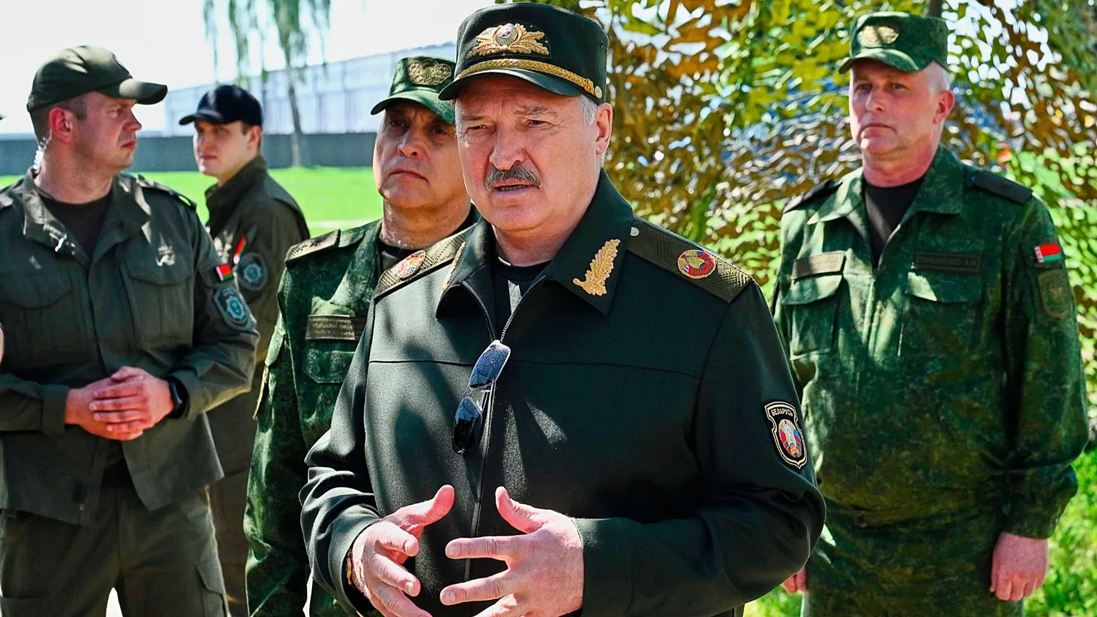 Aliaksandr Lukashenka speaks to officers as he attends joint nuclear drills held by Russian and Belarusian armed forces in Asipovichy district of Belarus, May 21, 2026.
