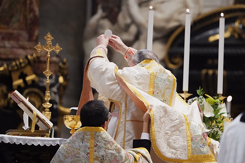 Cardinal Raymond Leo Burke celebrates Mass with the traditional rite - in Latin and with his back turned to the faithful - in St Peter's Basilica (25 October 2025)
