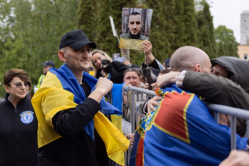 Ukrainian soldiers after returning from captivity, following a POW exchange between Russia and Ukraine, Friday, May 15, 2026.