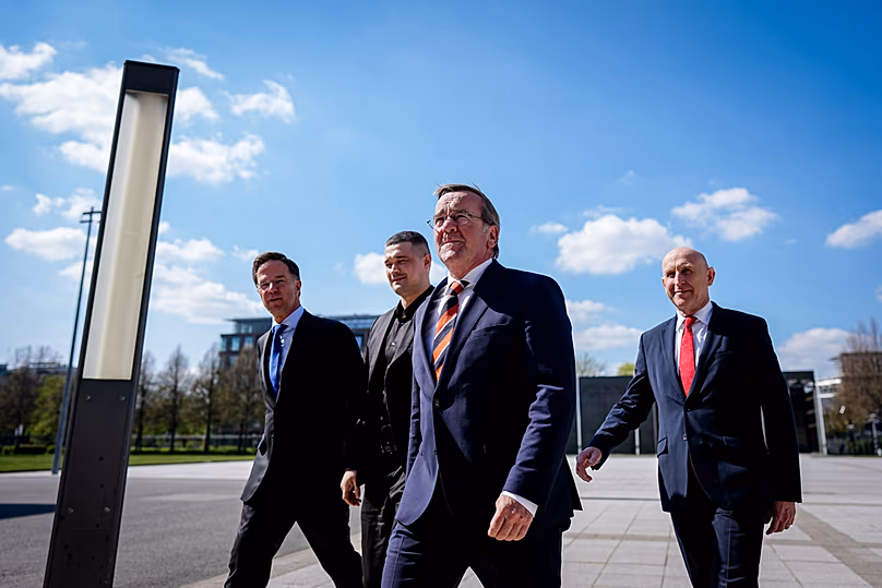 German Defence Minister Boris Pistorius walks with NATO chief Mark Rutte, UK and Ukrainian counterparts in front of the Federal Ministry of Defence in Berlin, April 15, 2026