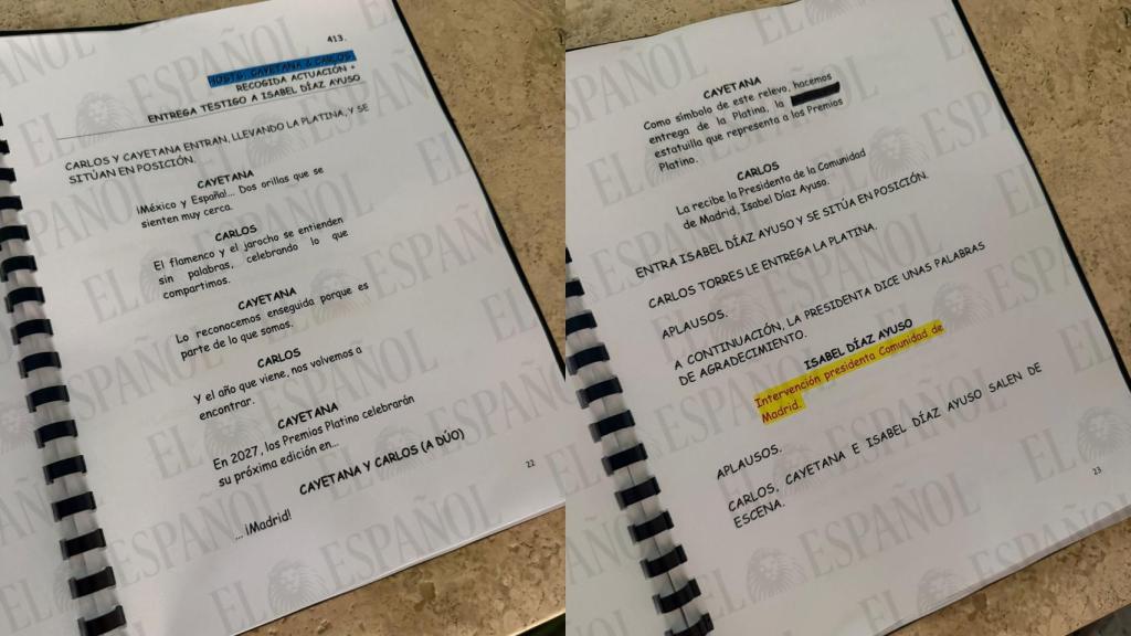 Guion de la gala de los Premios Platino donde figura que Ayuso iba a subir este sábado al escenario.
