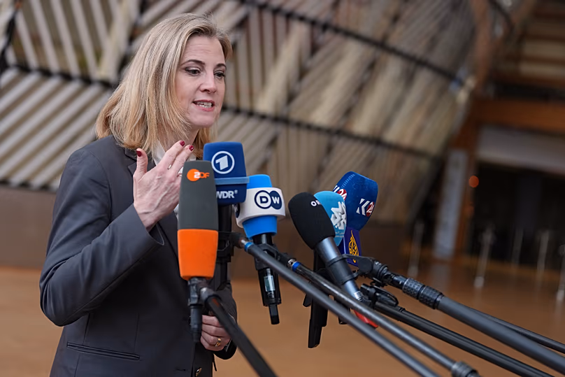 Austria's Foreign Minister Beate Meinl-Reisinger arrives for a meeting of EU foreign ministers at the European Council building in Brussels, 16 March, 2026