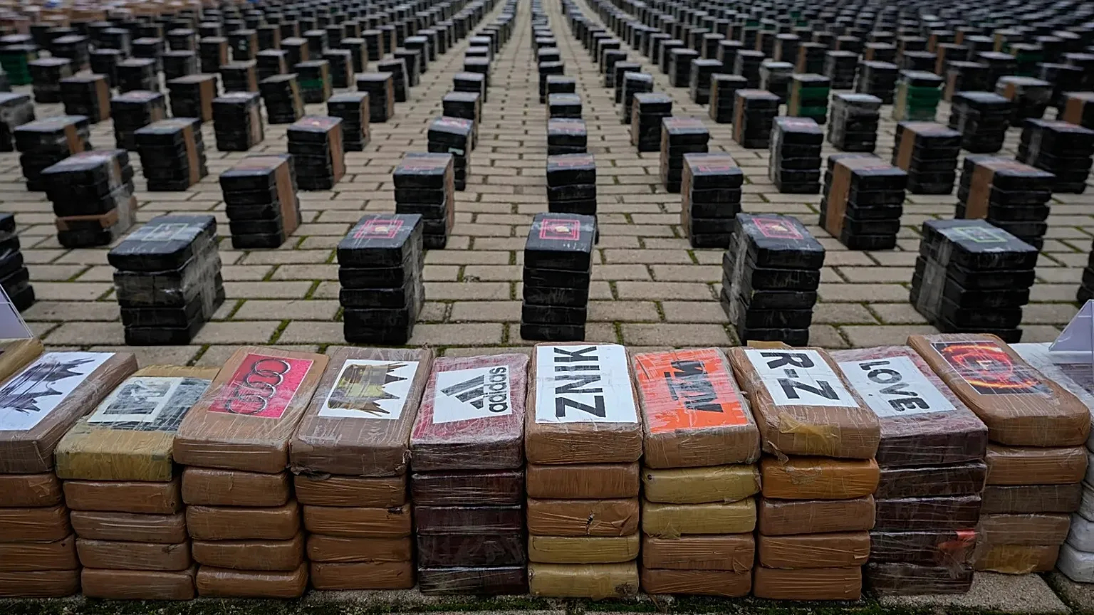 Part of a haul of cocaine displayed at a police station in Madrid, 12 December, 2023