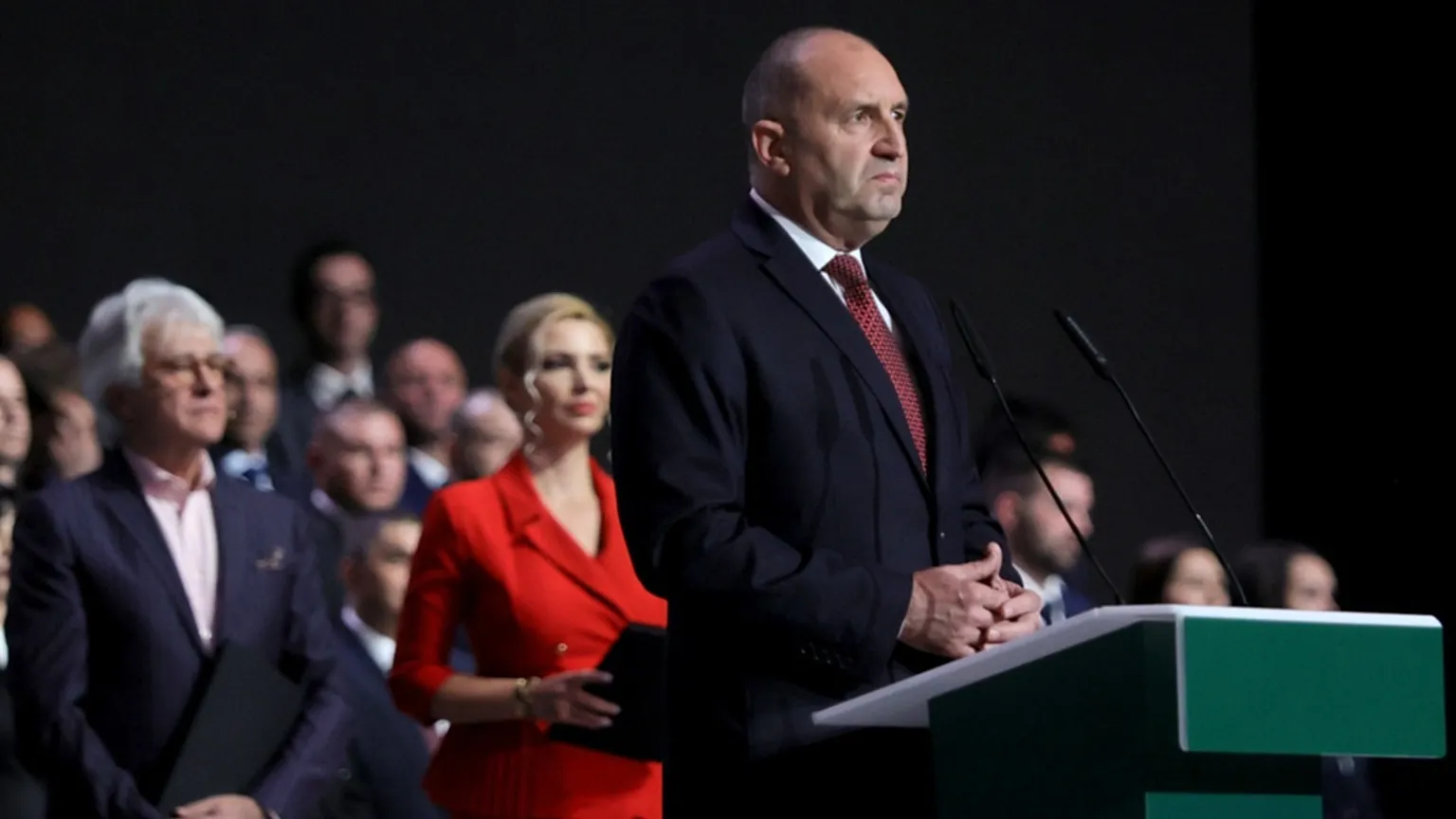 Former Bulgarian President Rumen Radev delivers a speech at the closing rally of his campaign for prime minister, in Sofia, Thursday, April 16, 2026