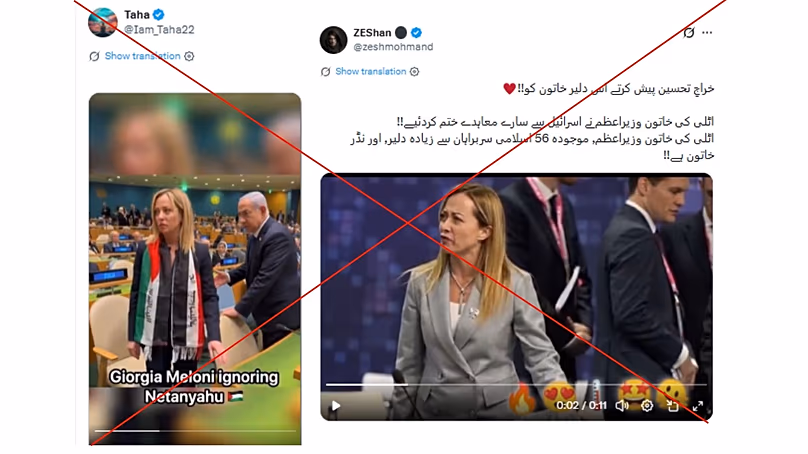 Videos of Meloni snubbing Netanyahu and throwing documents in the air are AI-generated. 
