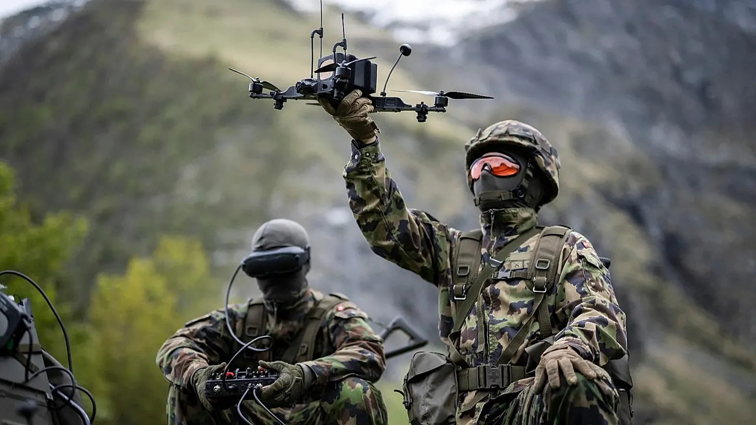 A soldier with a drone during a Swiss Army press event in Elm, Switzerland, on 18 May 2026.