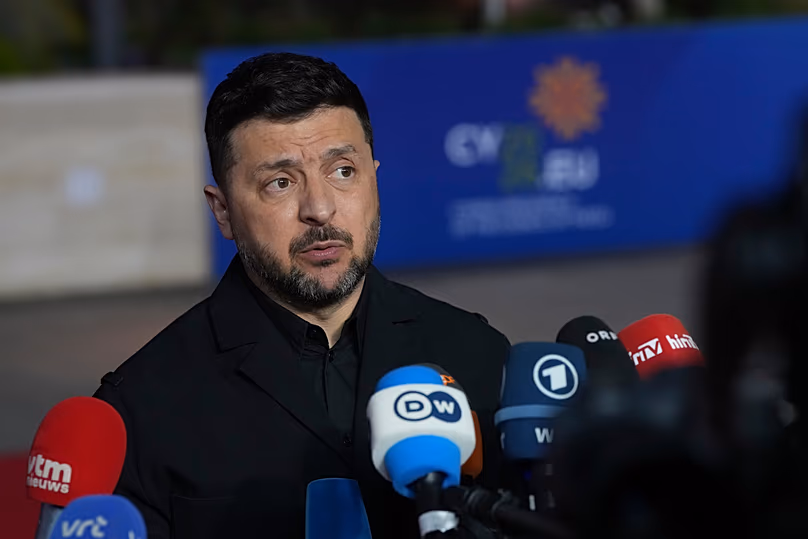Ukraine's President Volodymyr Zelenskyy makes statements as he arrives for the EU Summit in Ayia Napa, 23 April, 2026