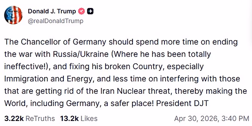 A screenshot of a post on US President Donald Trump's Truth Social account, 30 April, 2026