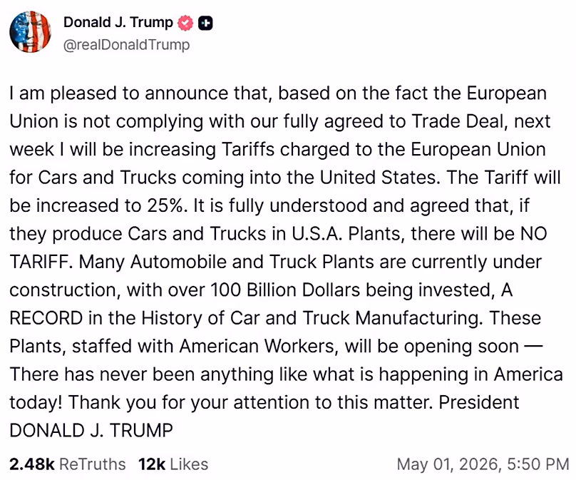 A screenshot of a post on US President Donald Trump's Truth Social account, 1 May, 2026