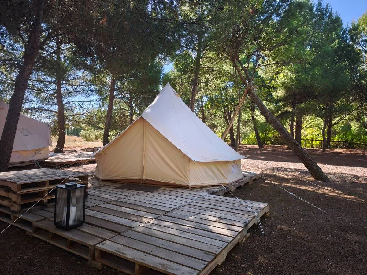 Foto: Tiendas de 'glamping' instaladas sobre plataformas de madera en un camping rodeado de pinos en Navarra. (Google)