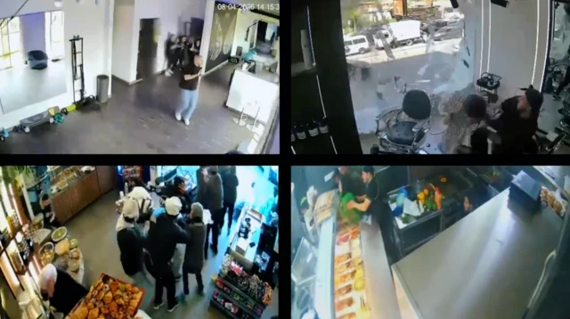 Imágenes de cuatro cámaras de CCTV muestran un gimnasio (arriba a la izquierda), una barbería (arriba a la derecha), un supermercado (abajo a la izquierda) y un restaurante (abajo a la derecha) en los momentos en que impactan las bombas.