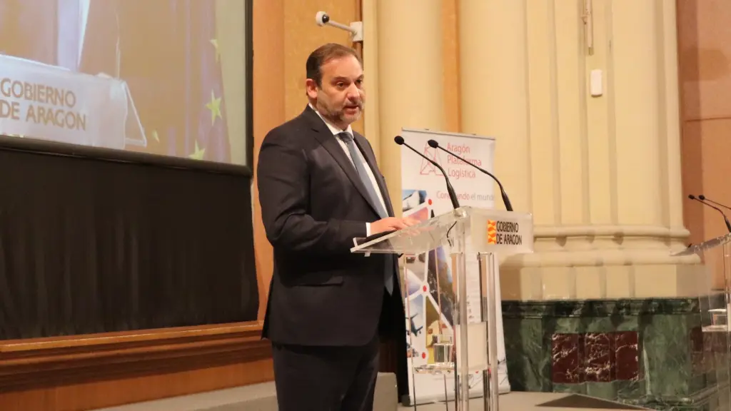 José Luis Ábalos, durante su intervención en la Jornada sobre Estrategia Logística Autopista Ferroviaria Algeciras-Zaragoza el 16 de abril de 2021.