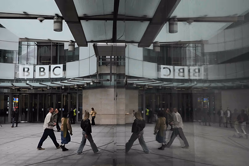 The BBC logo is displayed outside the company's headquarters in London, 11 November, 2025