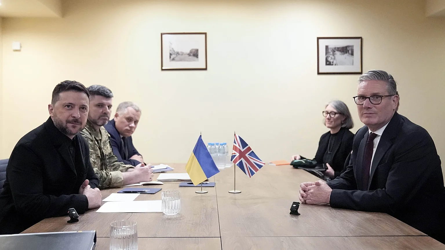 Britain's Prime Minister Keir Starmer, right, and Ukraine's President Volodymyr Zelenskyy attend a bilateral meeting ahead of the European Political Community summit .
