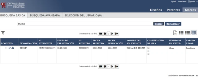 Captura de pantalla del sitio en internet de la Oficina Cubana de la Propiedad Industrial donde figura la marca TRUMP como registrada en 2010 e invalidada más tarde.