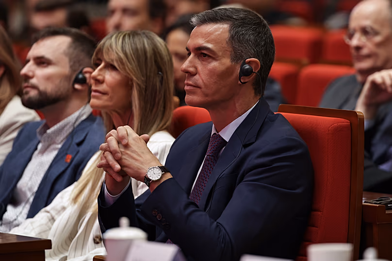 Spain's Prime Minister Pedro Sánchez and his wife Begoña Gómez at Tsinghua University in Beijing, 13 April, 2026