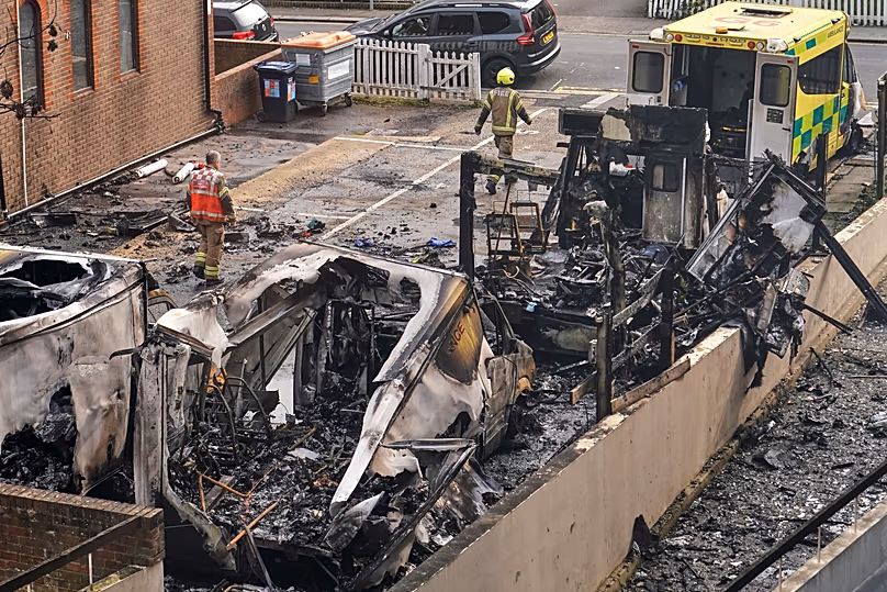 View of burnt ambulances in a car park at Golders Green in London, 23 March, 2026 