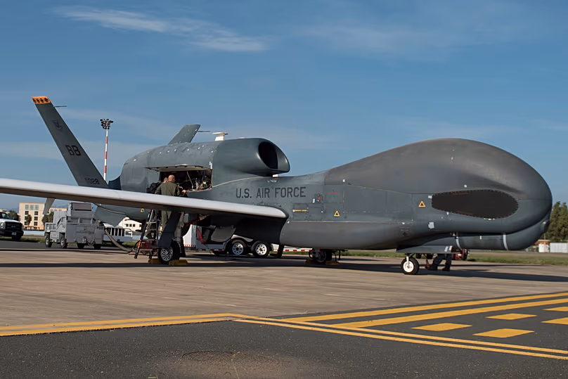 An RQ-4 Global Hawk reconnaissance drone on the runway at Sigonella Naval Air Station in 2018