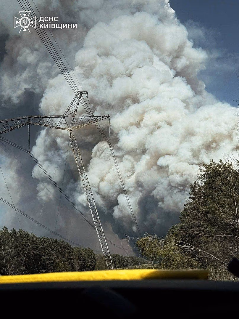 A forest fire burning in the exclusion zone around the Chernobyl nuclear power plant, 8 May, 2026