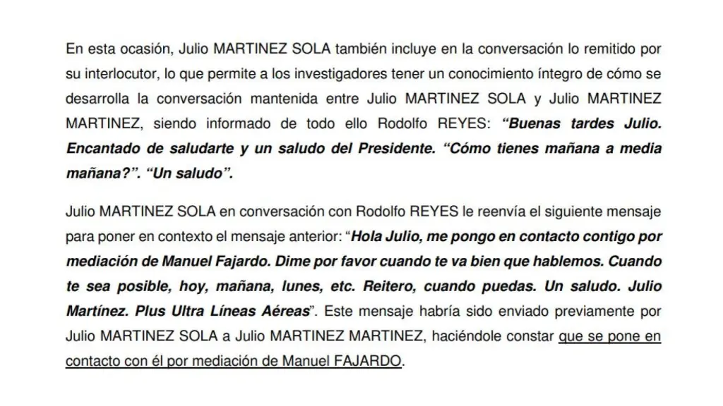 Fragmento del informe de la UDEF que incluye los 'wasaps' entre Martínez Sola y 'Julito'.